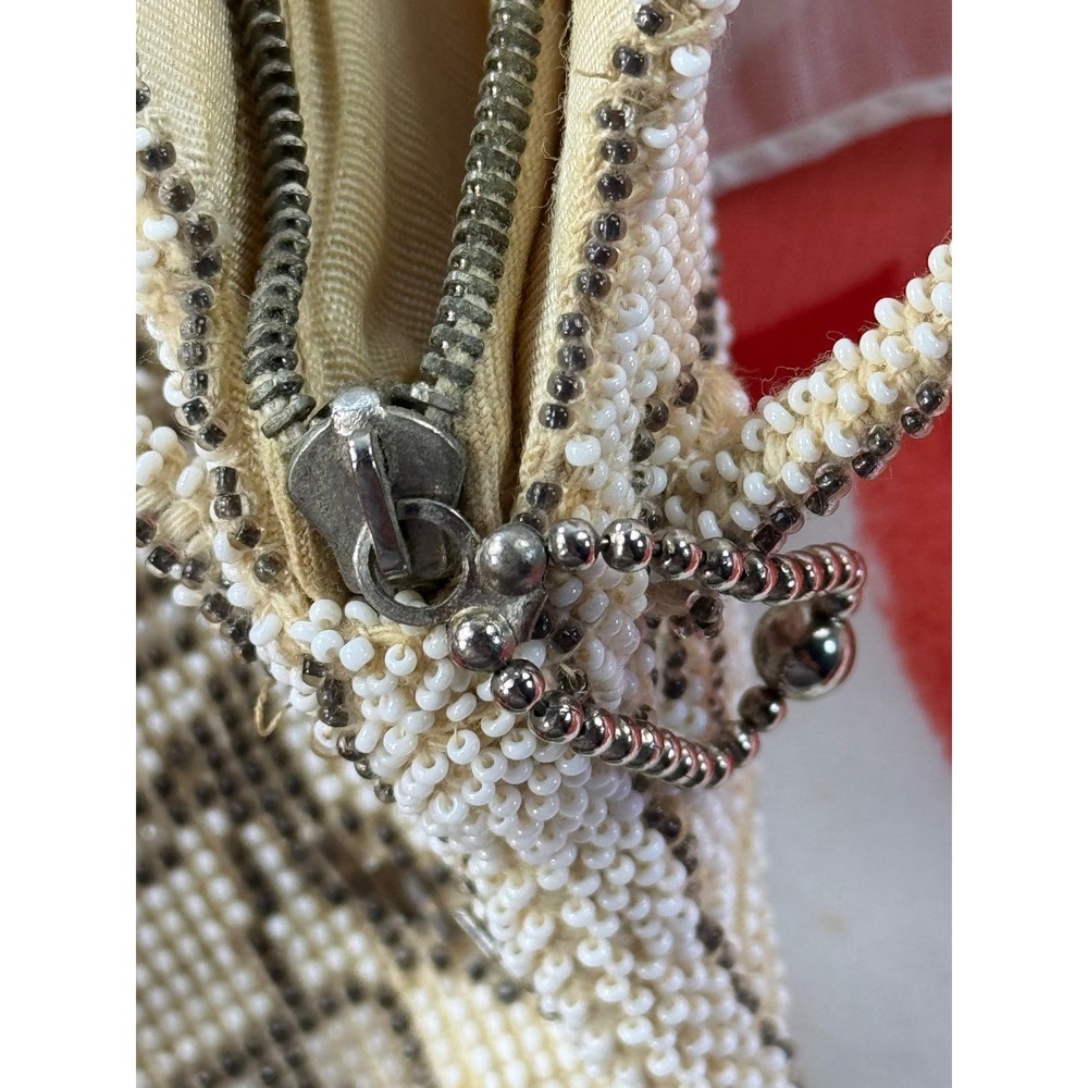 Vintage‎ Czechoslovakia Micro Beaded Coin Purse Cream Bronze Floral Evening Bag - Picture 7 of 8